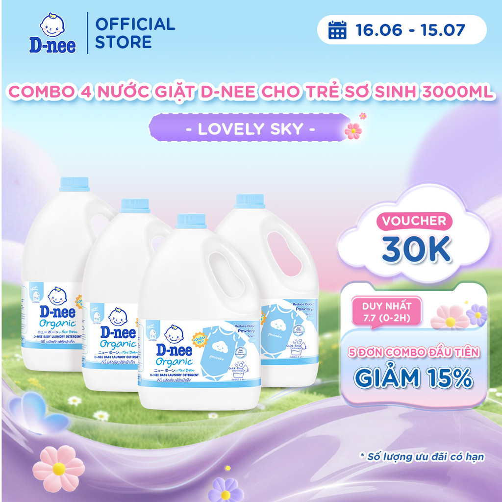 Combo 4 Nước giặt D-nee cho trẻ sơ sinh, mềm dịu, thơm nhẹ - Can 3000ml - Lovely Sky