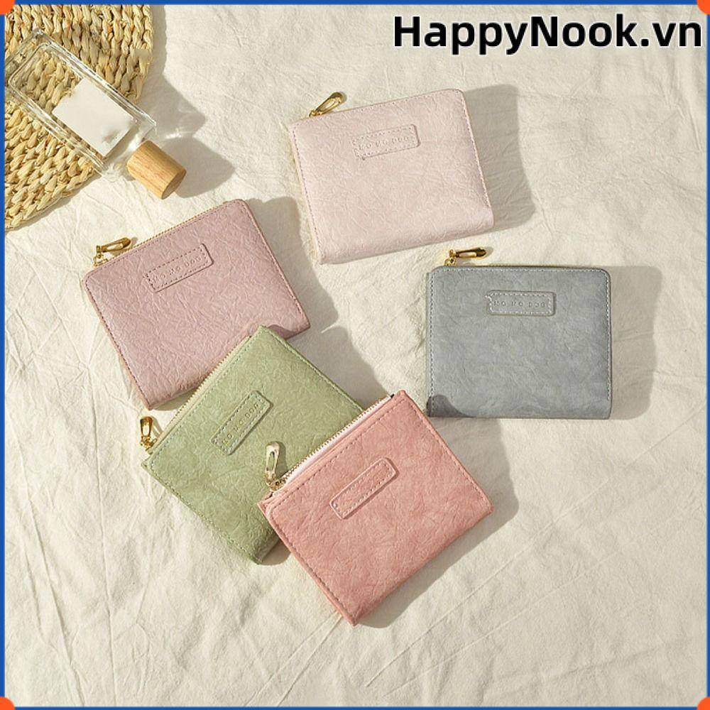 Ví ngắn HAPPYNOOK, Ví có dây kéo bằng da nhỏ, Ví đựng tiền xu màu trơn thời trang dành cho nữ