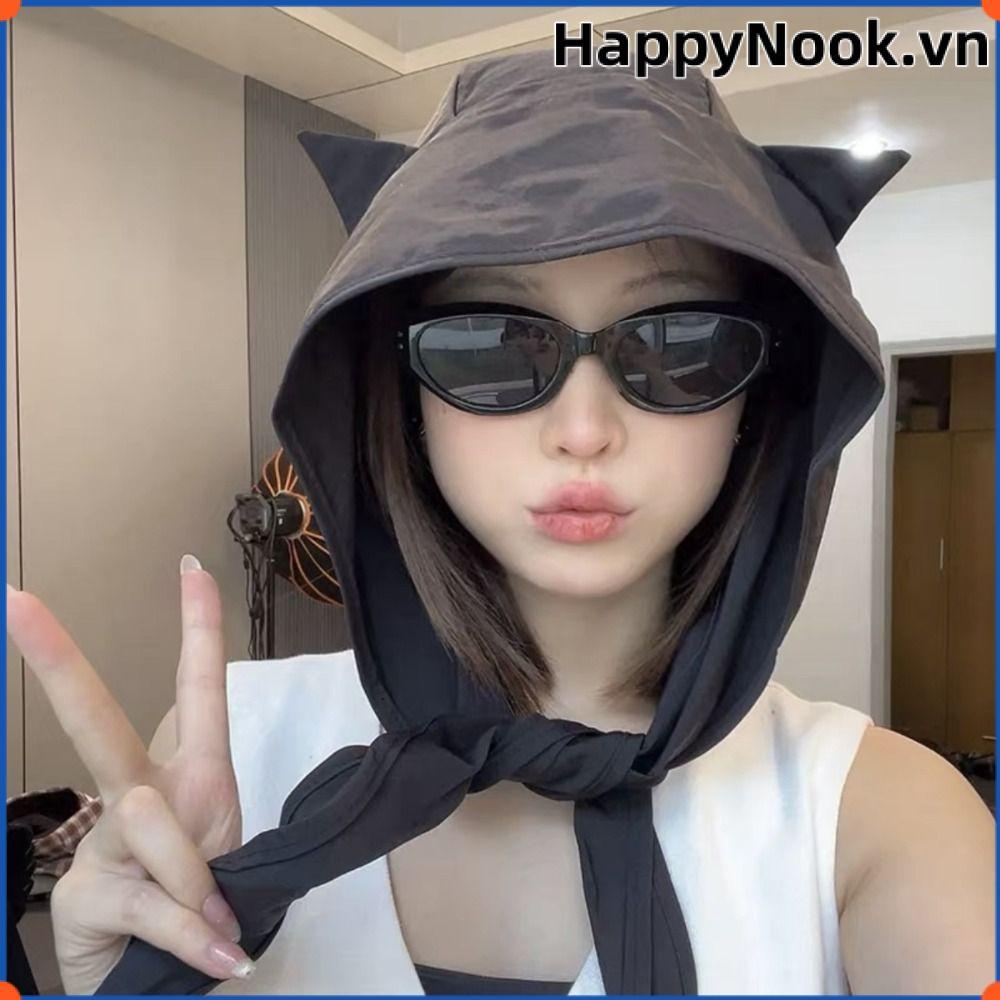Mũ trùm đầu HAPPYNOOK, Mũ chui đầu buộc dây quỷ nhỏ ngộ nghĩnh, Mũ chống nắng màu trơn Y2K Hàn Quốc khô nhanh dành cho nữ Cô gái
