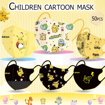 Bộ 50 Mặt nạ trẻ em 3D Pikachu Hoạt hình Pokemon 3D Mặt nạ trẻ em 3-12age Được bọc riêng 5D Mặt nạ trẻ em mỏ vịt