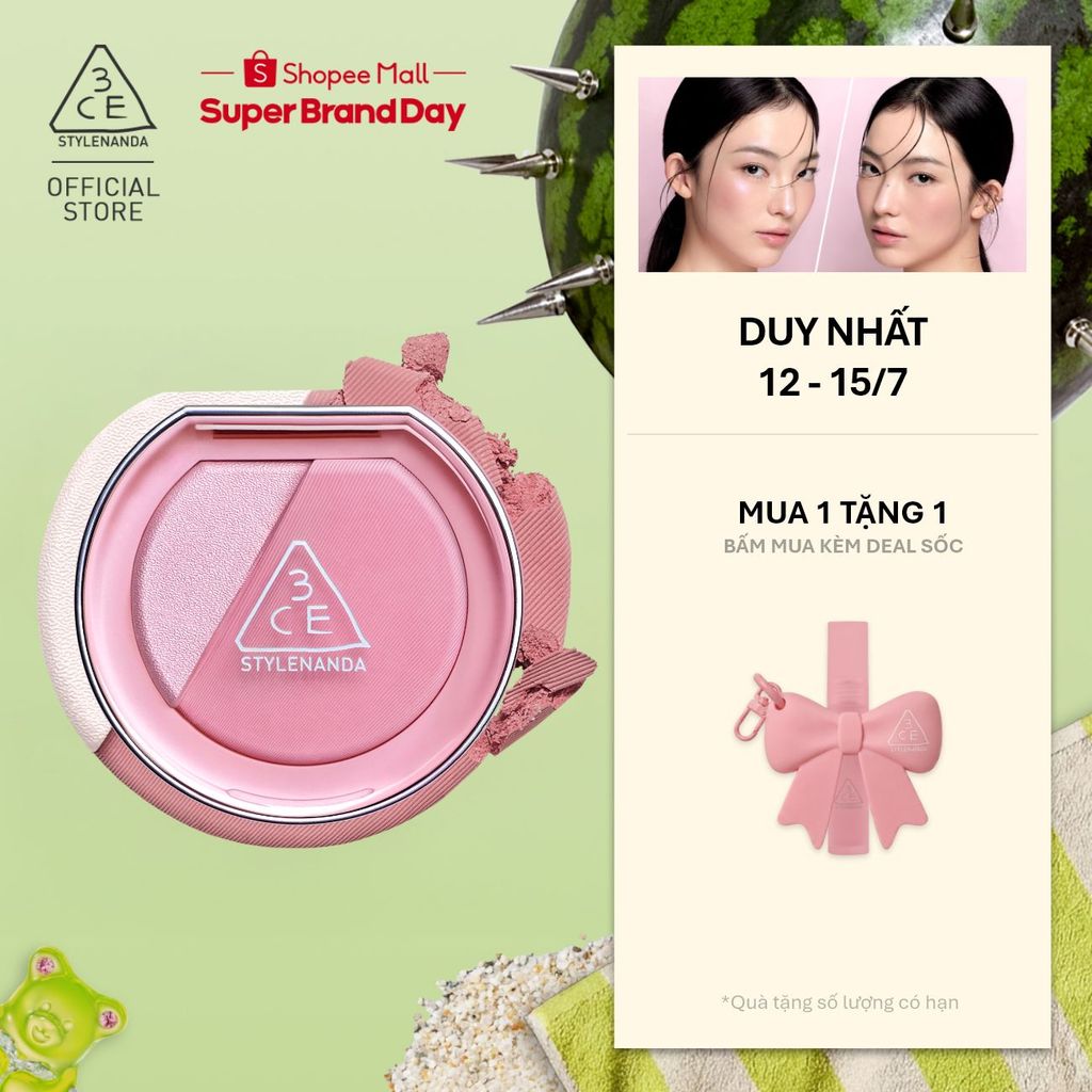 Phấn Má Hồng Bắt Sáng 3CE Blushlighter 2-Trong-1 Đa Năng, Dễ Tán, Tệp Da, Lâu Trôi, Rạng Rỡ Suốt Ngày Dài