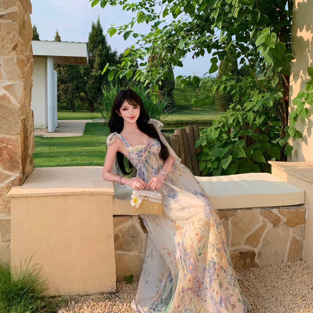 Đầm maxi chiffon họa tiết xanh nữ tính như nàng thơ