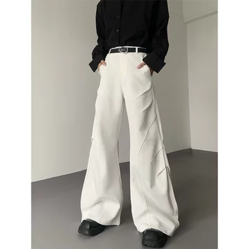 quần tây nam trung niên quần tây nam ống rộng Niche Design Trắng Khâu Drape Cảm Giác Xếp Ly Micro-Flared Machete Quần Nam Cao Cấp Rộng Quần Phù Hợp