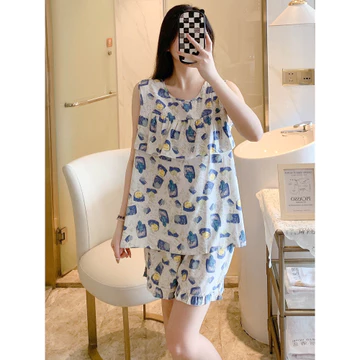 set xinh đồ bộ nữ đồ mặc nhà Bộ đồ ngủ lụa cotton chống lồi, áo ba lỗ mùa hè siêu mỏng dành cho nữ, bộ đồ không tay, bộ đồ mặc nhà bằng cotton nhân tạo