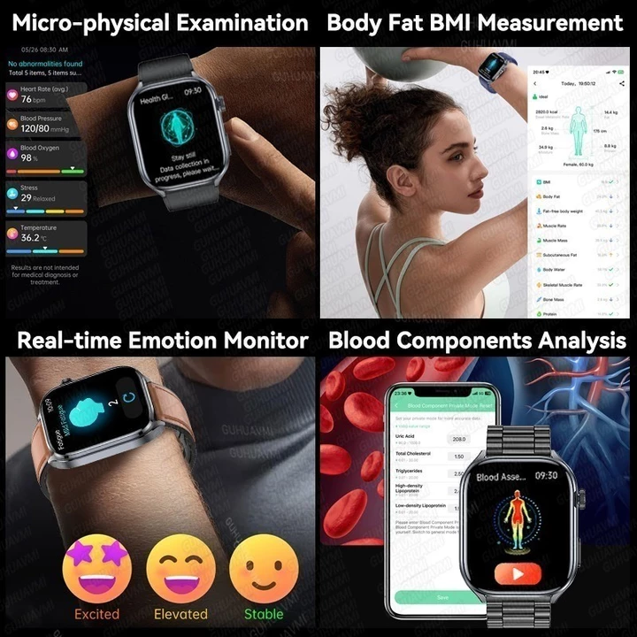 Đồng hồ thông minh huyết áp chính xác mới Axit Uric ECG + PPG Phân tích cơ thể oxy trong máu Body Fat LED Đèn pin đồng hồ thông minh 2026 – 5