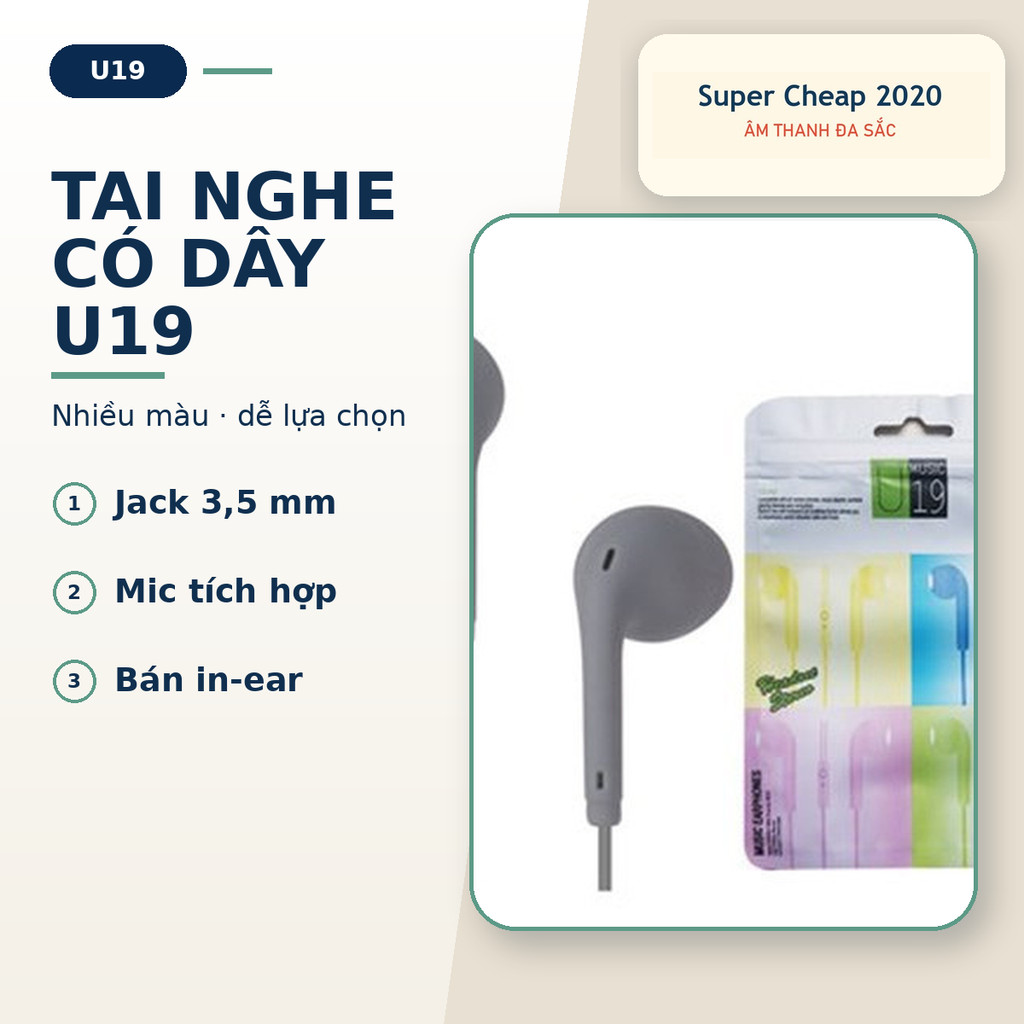 Tai nghe có dây nhét tai U19 giắc cắm 3.5mm có míc dành cho