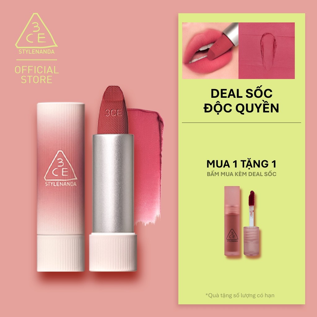 Son Thỏi 3CE Cashmere Hug Mềm Mịn Như Len, Bền Màu Lâu Trôi, Nhẹ Trên Môi, Không Bết Dính