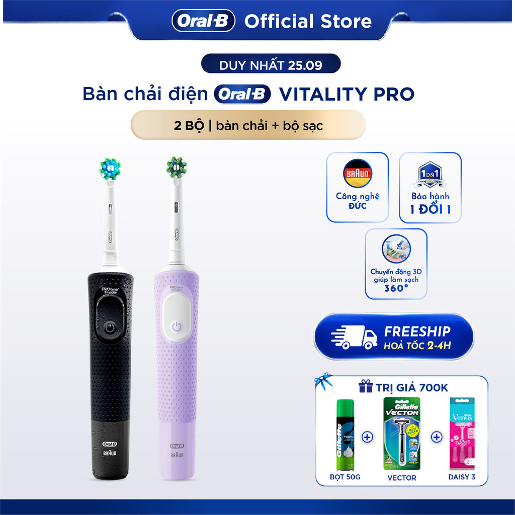 [HỎA TỐC 2H-4H] Combo Couple 2 Bàn Chải Điện ORAL-B VITALITY Pro 3 CHẾ ĐỘ Giúp Làm Sạch Sâu