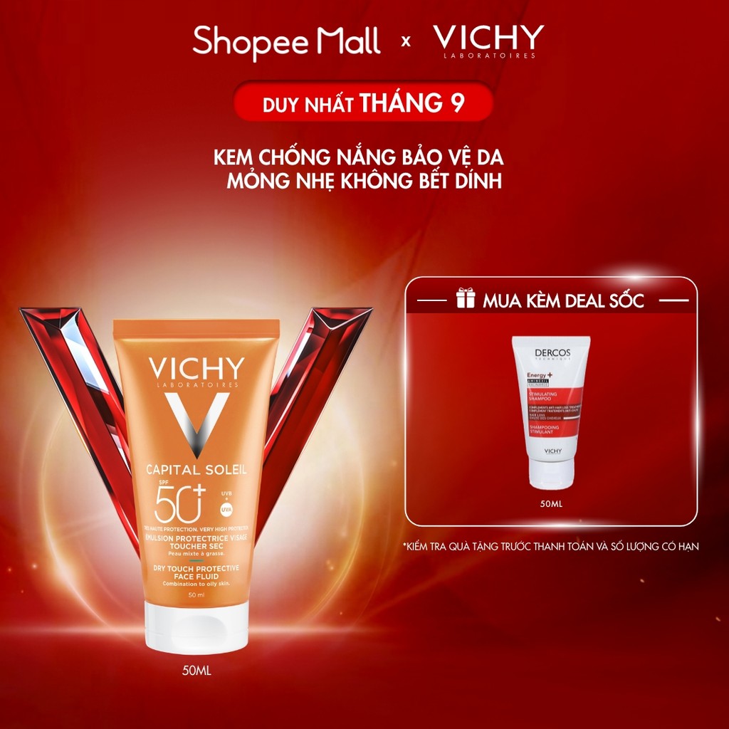 Kem chống nắng bảo vệ da mỏng nhẹ không bết dính SPF 50+ UVA & UVB Vichy Capital Soleil Dry Touch
