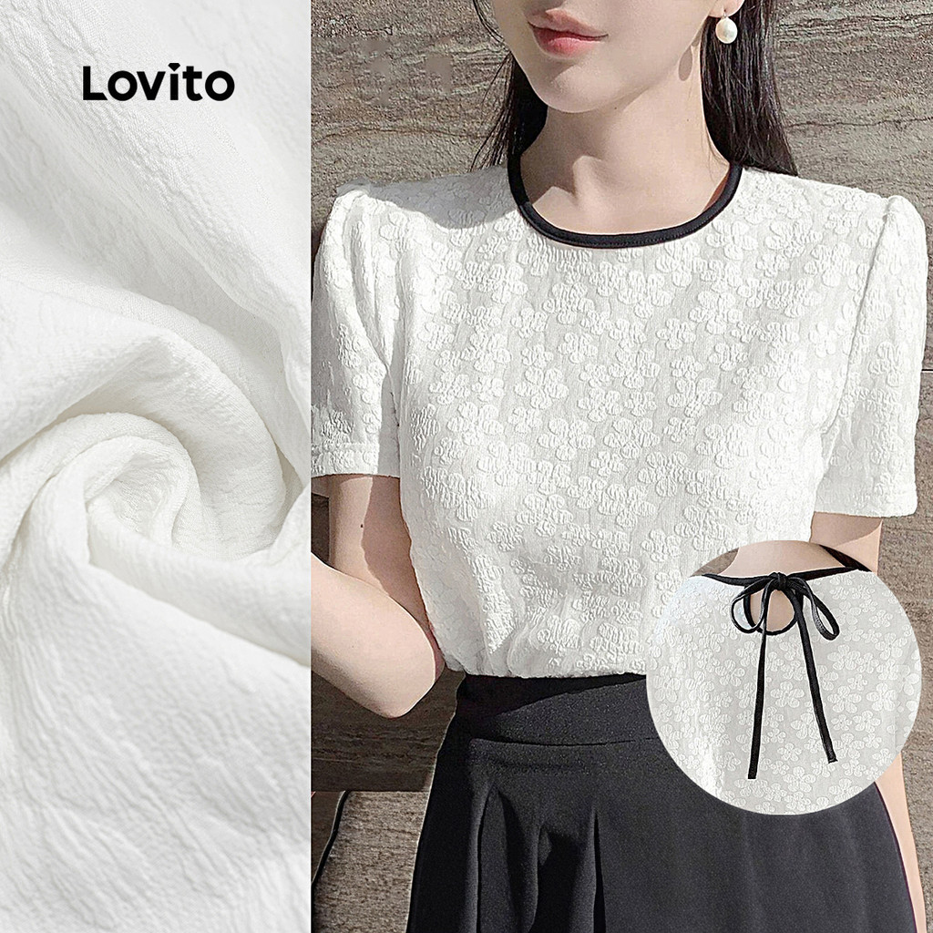 Áo kiểu Lovito thanh lịch màu trơn viền cổ tương phản cột nơ phía sau phong cách cho nữ L129AD1038