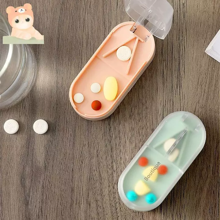 Máy cắt thuốc 2 trong 1 có ngăn lưu trữ, Hộp thuốc chia thuốc di động, Máy cắt máy tính bảng lưỡi sắc bén để cắt thuốc nhỏ và lớn, Hộp đựng thuốc du lịch dành cho người cao tuổi