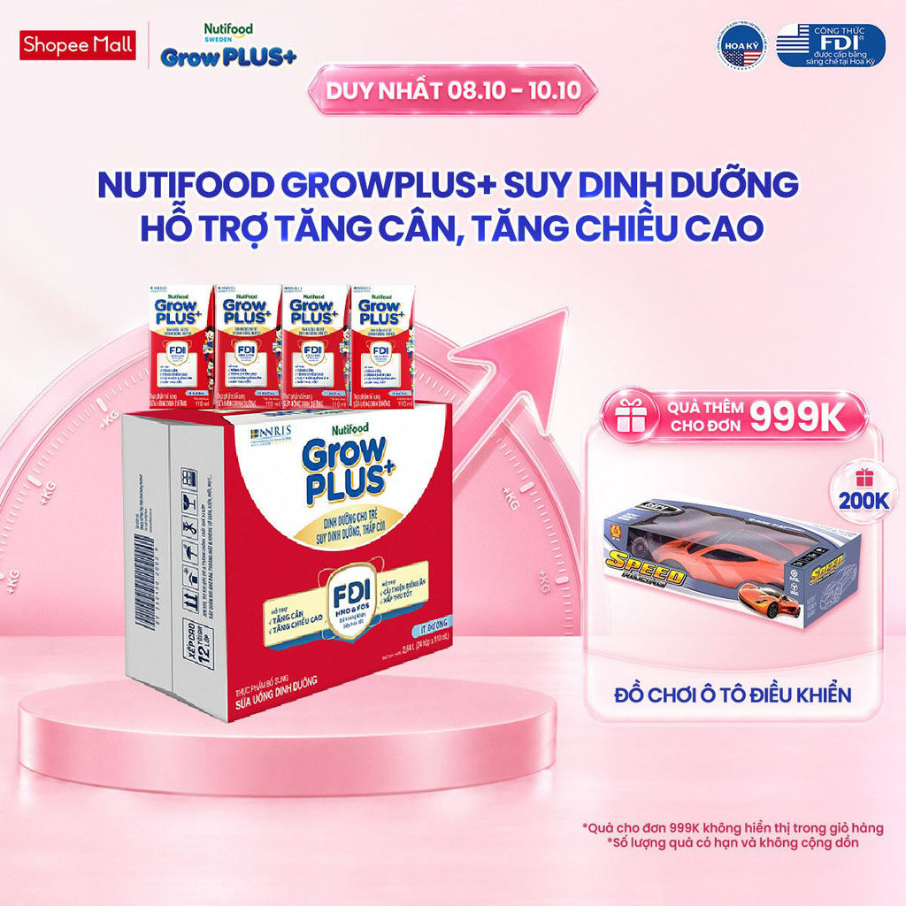 Thùng 24 hộp SBPS Nutifood GrowPLUS+ Suy Dinh Dưỡng (Đỏ) Ít đường 110ml - Tăng Cân, Tăng Chiều Cao (Bao bì tùy lô hàng)