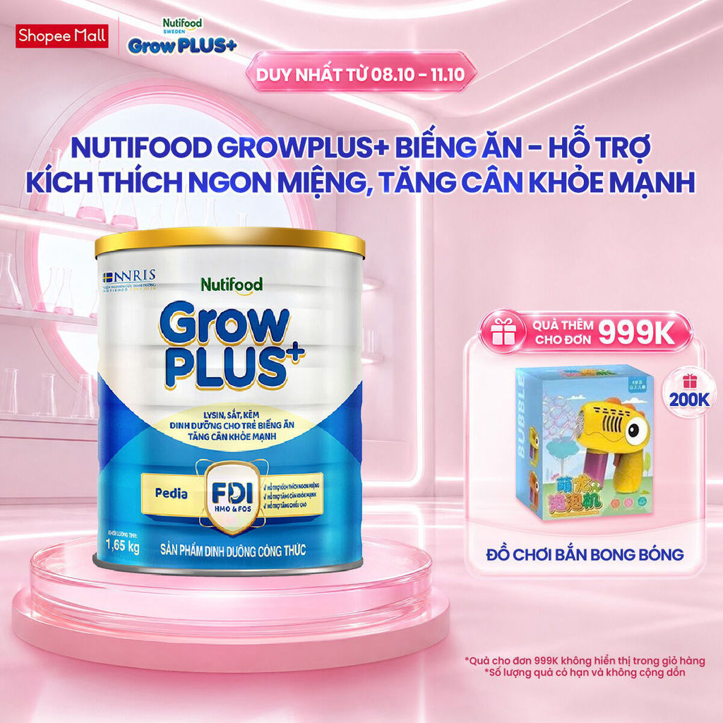 Sữa Bột Nutifood GrowPLUS+ Biếng Ăn (Xanh) 1+ - Tăng Cân Khỏe Mạnh (Lon 1,65 Kg)