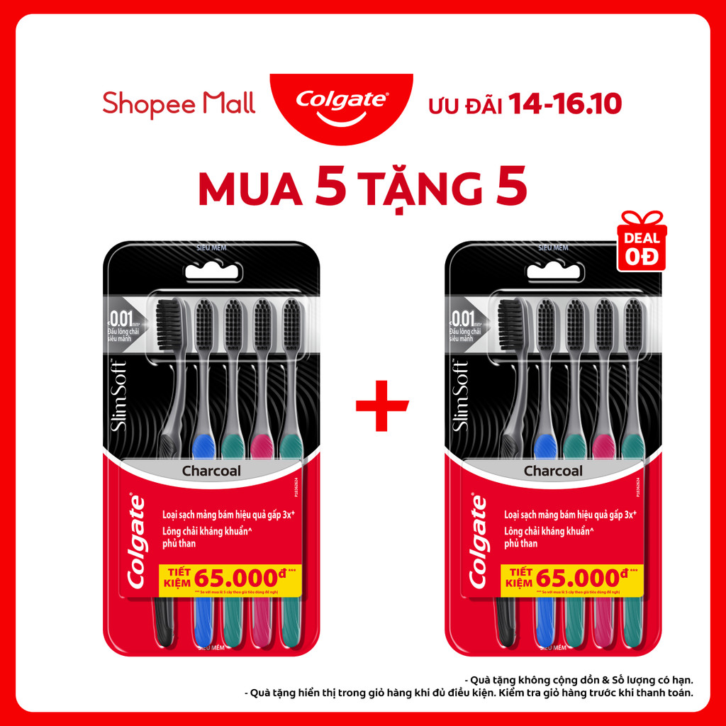 Bộ 5 Bàn chải Colgate SlimSoft Charcoal than hoạt tính kháng khuẩn siêu mềm mảnh