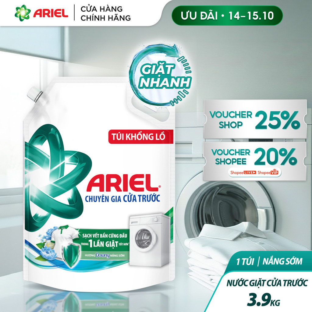 Nước Giặt Cửa Trước ARIEL Hương Downy Nắng Sớm túi 3.9KG/ Nước giặt 10X giặt sạch túi 3.7KG