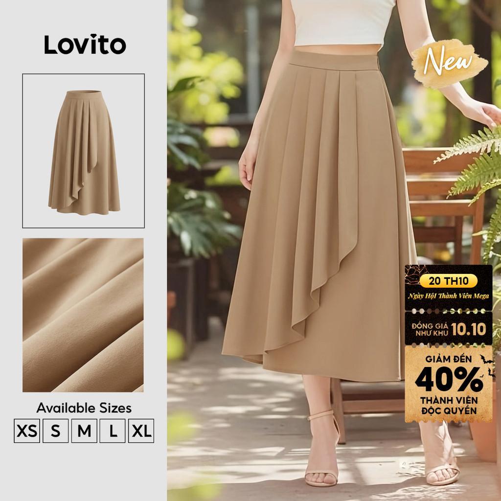(New Arrival) Lovito Chân váy Kaki nữ Thanh lịch rủ xếp Ly bất đối xứng mặc đi làm mùa xuân hè SKK10P1D581