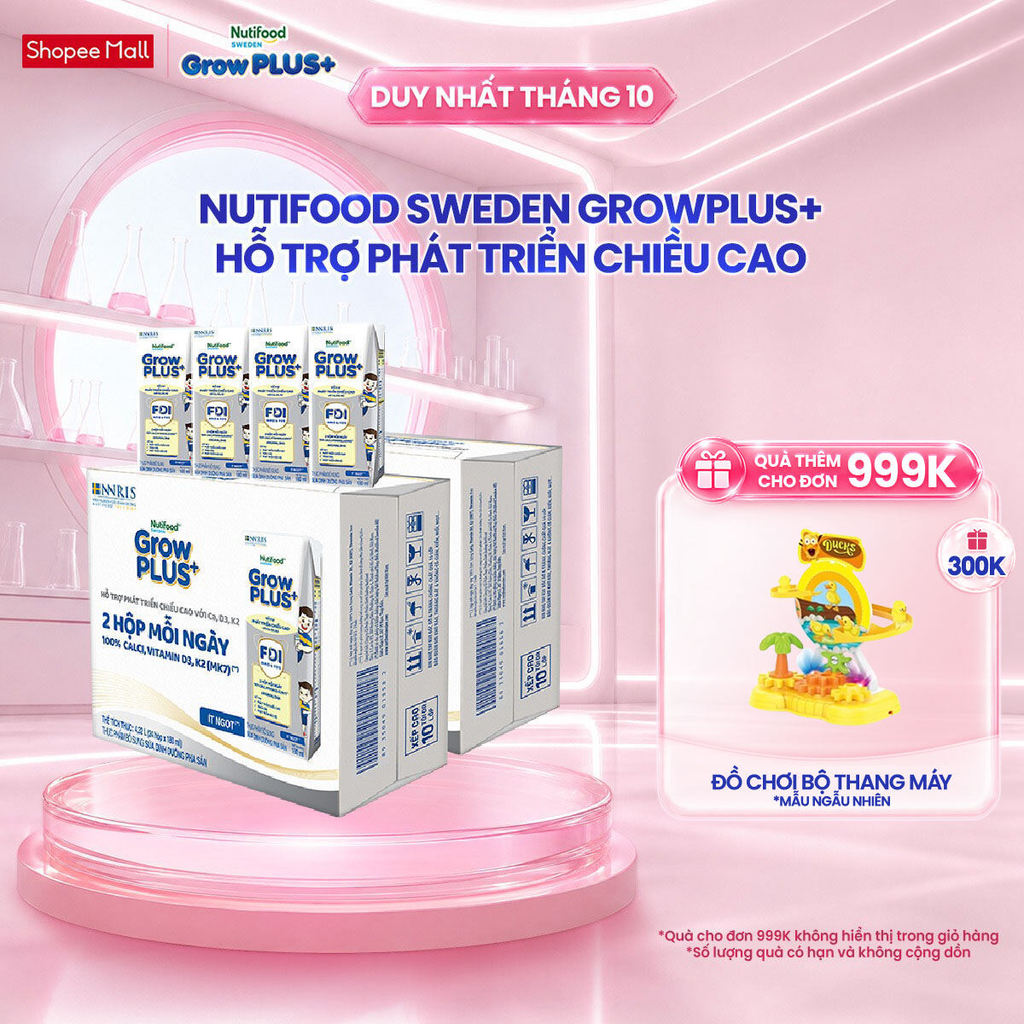 Combo 2 Thùng 24 Hộp Sữa Bột Pha Sẵn Nutifood Sweden GrowPLUS+ Cao lớn vượt trội hộp 180 ml
