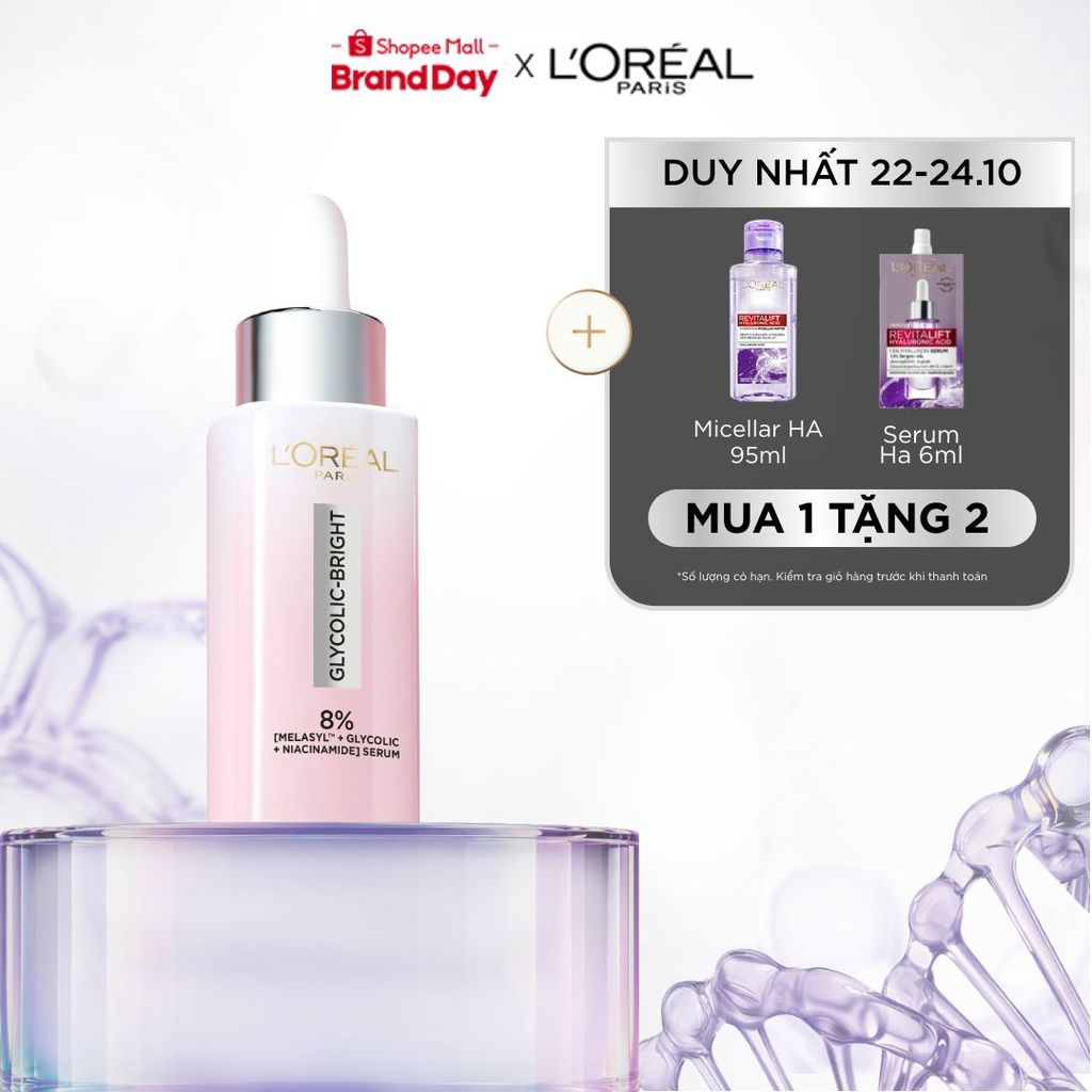 Serum Glycolic Melasyl 8% [Melasyl+Glycolic+Niacinamide] dưỡng sáng da, mờ thâm mụn & nám Loreal Paris 30ml