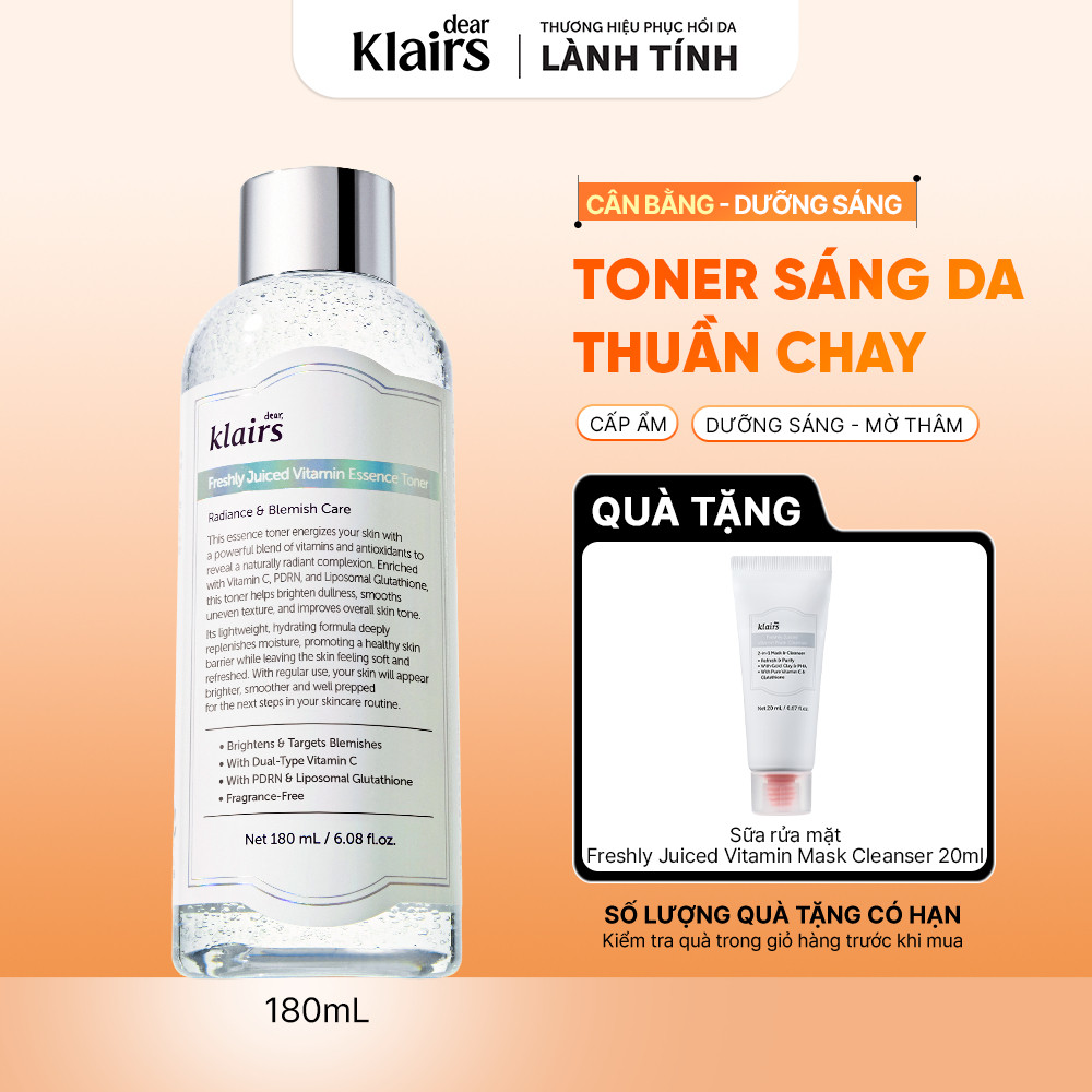 Nước hoa hồng Dear, Klairs Freshly Juiced Vitamin Essence Toner hỗ trợ làm sáng da 180ml [FS]