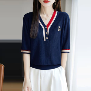 Mùa Hè Tencel Ngắn Tay Áo Sơ Mi Nữ Màu Sắc Phù Hợp Với Thêu Thời Trang Cổ Chữ V Băng Lụa Mồ Hôi