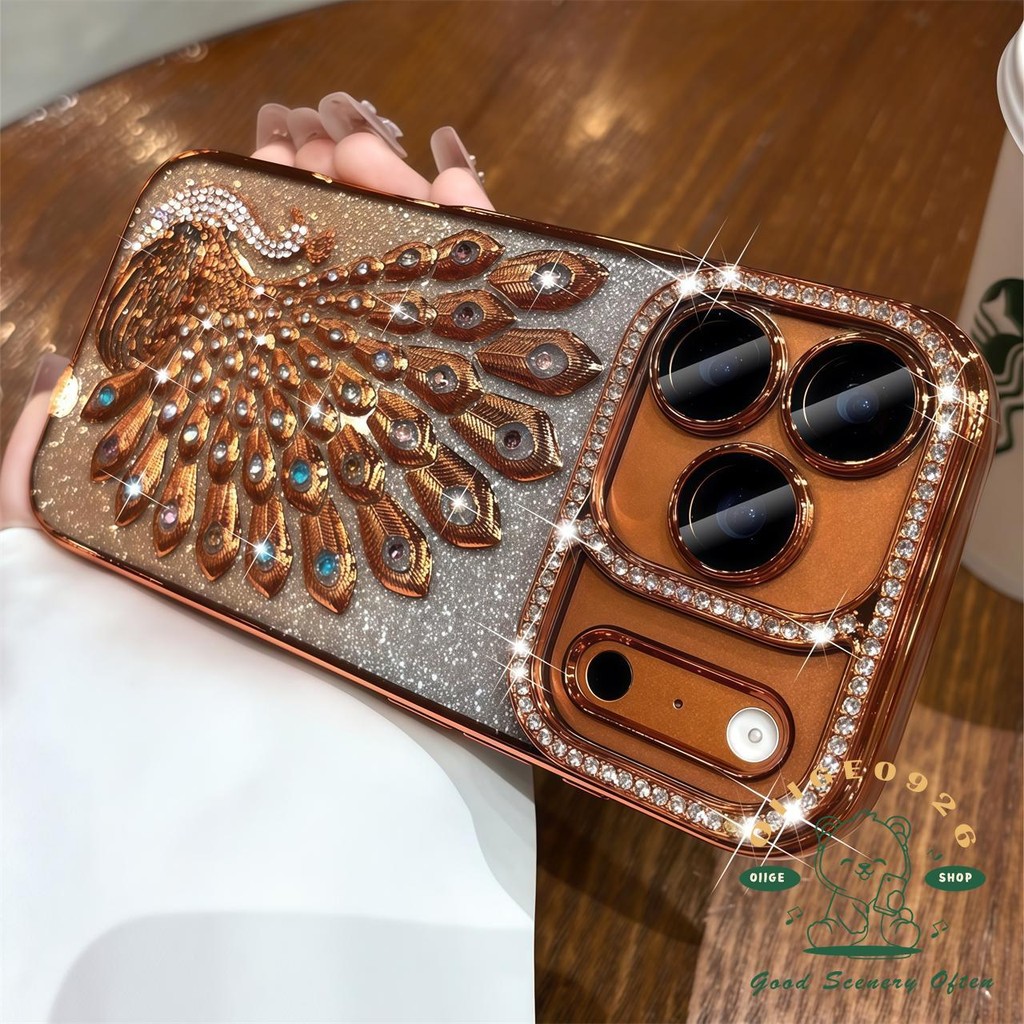【 Ốp lưng iPhone17 】 Vỏ điện thoại hình con công kim cương mạ màu cam iphone17 Pro Max 16 15 14 13 cho vỏ iPhone Vỏ mềm silicon TPU chống sốc