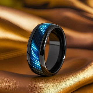 Nhẫn nam thép titan đen 8mm đính đá mắt hổ xanh - Thiết kế cổ điển hiện đại