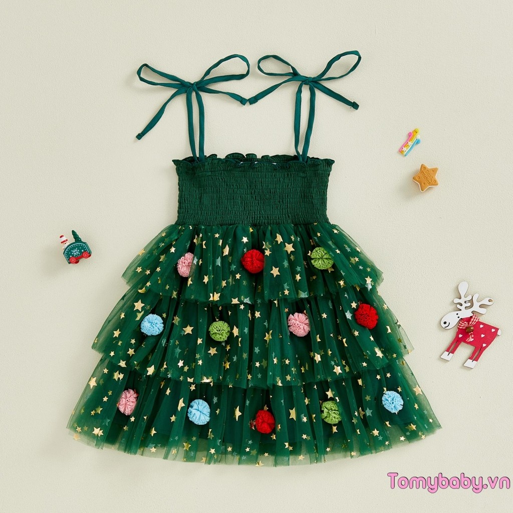 Bé Gái Tập Đi Giáng Sinh Một Dòng Đầm In Hình Ngôi Sao Không Tay Dây Buộc Dây Đeo Smocked Tulle Bánh Váy