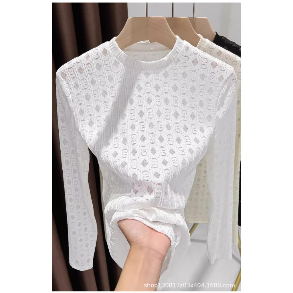 Áo thun ren cổ tròn lưới dài tay thời trang cho nữ xuân thu đông