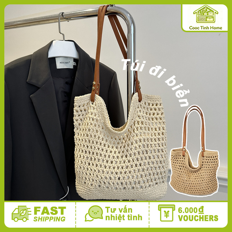 Túi tote cói đan tay nữ phối quai da vintage đi biển đi chơi du lịch xinh sang trọng nhẹ đẹp