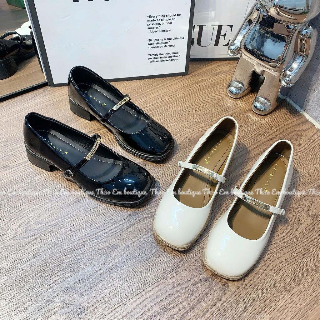 [Có Sẵn - GC48 ] Giày búp bê nữ mũi tròn quai ngang phối khuy chữ đế cao 4-5p cá tính
