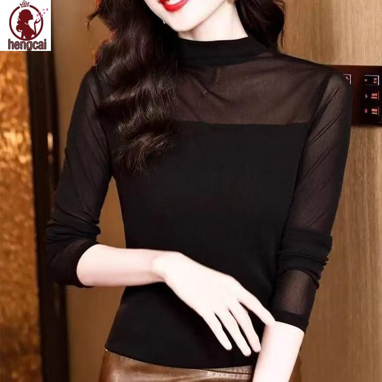 Áo sơ mi lưới ren cổ cao nửa cổ - Thời trang thu