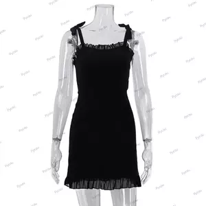 Đầm ôm PYCOU, Đầm Dây Đeo Spaghetti Cắt Thấp Màu Trơn, Nhẹ Xù Viền Mở Lưng Slim Fit Mở Lưng Câu Lạc Bộ Đêm