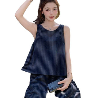 Bộ đồ sọc thời trang kiểu Pháp dành cho nữ, mẫu mới mùa hè, áo không tay hở lưng có nơ + quần short