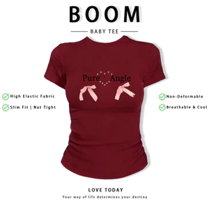 BOOM Áo Baby Tee Nữ Cotton Ôm Body-Áo Thun Ngắn Tay Y2K In Hình PhongCách Mùa Hè, Cổ Tròn Hàng Đầucách hàn quốc phong727