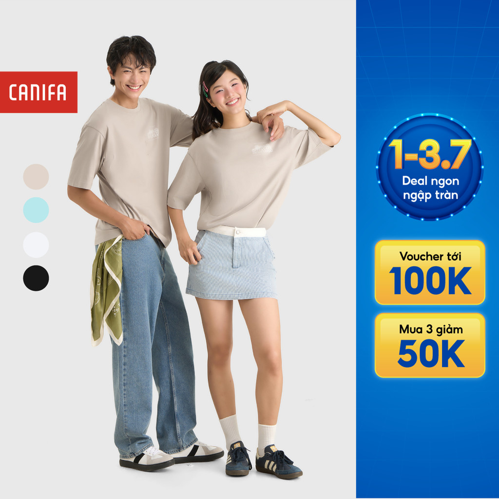 Áo phông unisex người lớn CANIFA áo thun cộc tay form rộng chất cotton pha mềm mại bền 5TS26S008