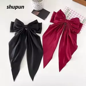 SHUPUN 2 Kẹp Tóc, Kẹp Ruy Băng Nơ Satin Màu Trơn, Phụ Kiện Tóc Thanh Lịch Ruy Băng Dài Kẹp Mùa Xuân Mặc Hàng Ngày