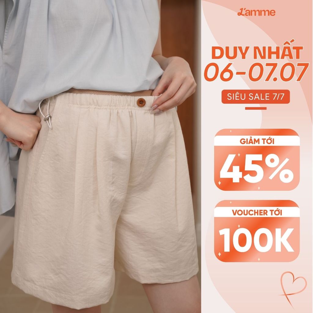 Quần short đũi cạp chun dây rút Uni Short quần đùi bầu vải đũi, dáng suông rộng, mát lạnh  BY L'AMM