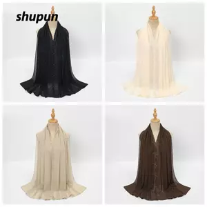 Khăn choàng Hijab SHUPUN, Khăn choàng nữ thêu hoa màu trơn, Băng đô voan đính đá trơn