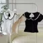 Áo Sơmi Cổ Sen Viền Ren Chấm Bi Hở Lưng Bo Chun Tay Ngắn Bồng Dễ Thương -- - Hieuvy Botique