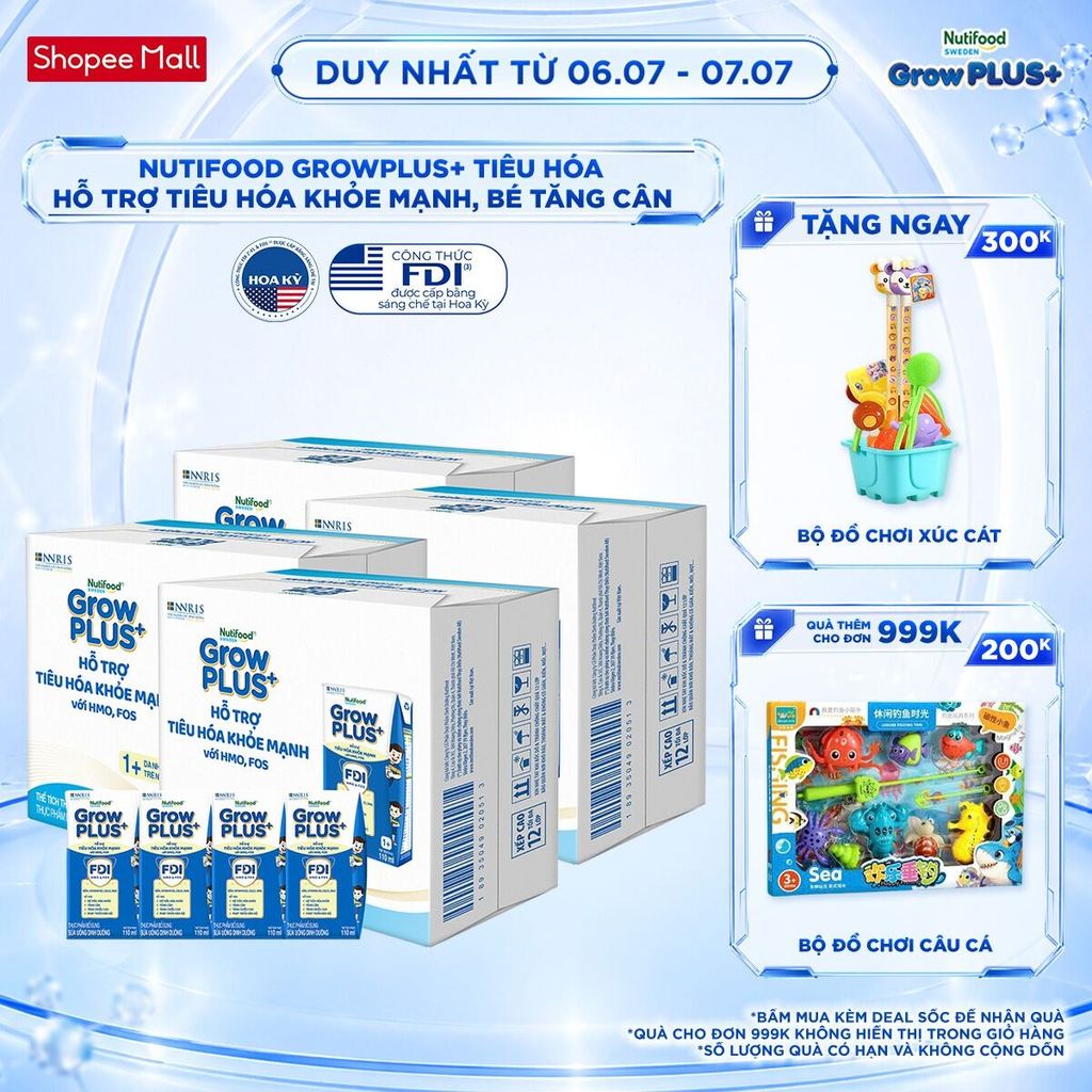 Combo 4 Thùng 24 hộp Sữa bột pha sẵn Nutifood Sweden GrowPLUS+ Tiêu Hóa (Xanh Nhạt) 1+ - Tiêu hóa khỏe, tăng cân 110ml