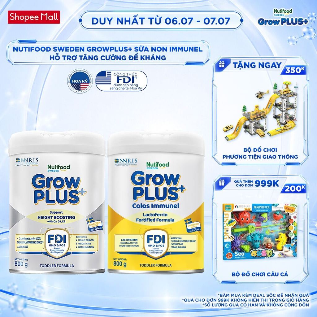 Combo SB NTF Sweden GrowPLUS+ Cao lớn vượt trội (Bạc) & Sữa Non Immunel trên 1 tuổi (2 lon x 800 g) (Bao bì tuỳ lô hàng)
