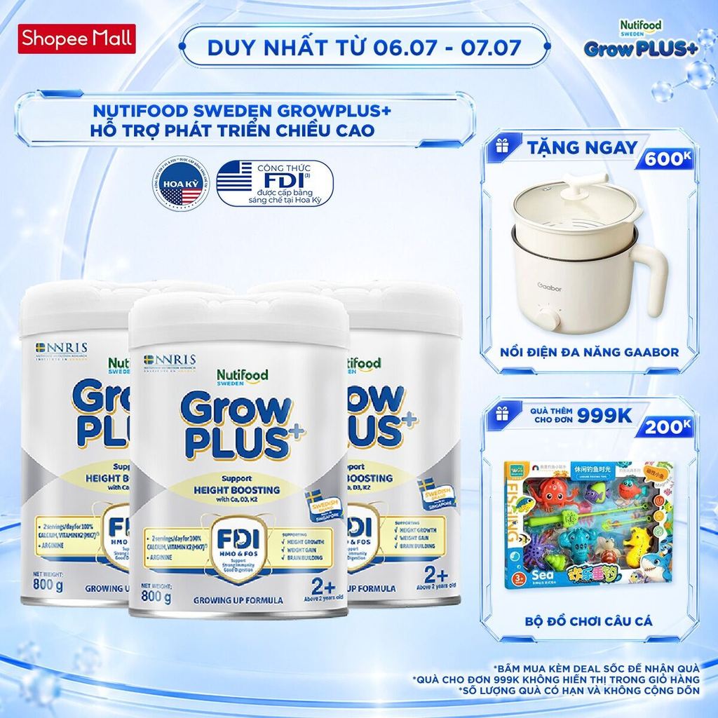 Combo 3 Sữa Bột Nutifood Sweden GrowPLUS+ Cao lớn vượt trội trên 2 tuổi (Bạc) 800g