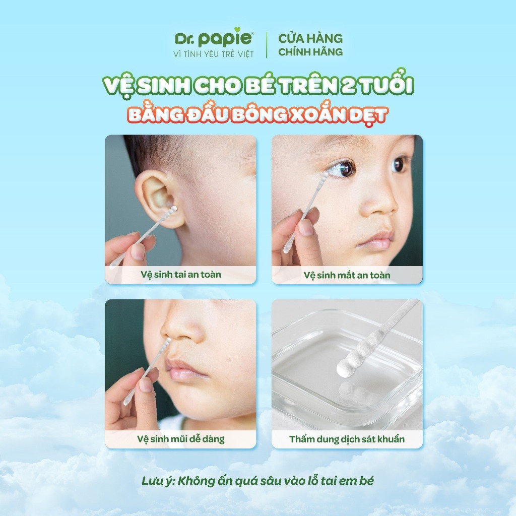 Tăm Bông Xoắn Dẹt 100% Cotton Siêu Mềm, Thân Giấy Bảo Vệ Môi Trường Dr.Papie Dành Cho Bé (200c/hộp)