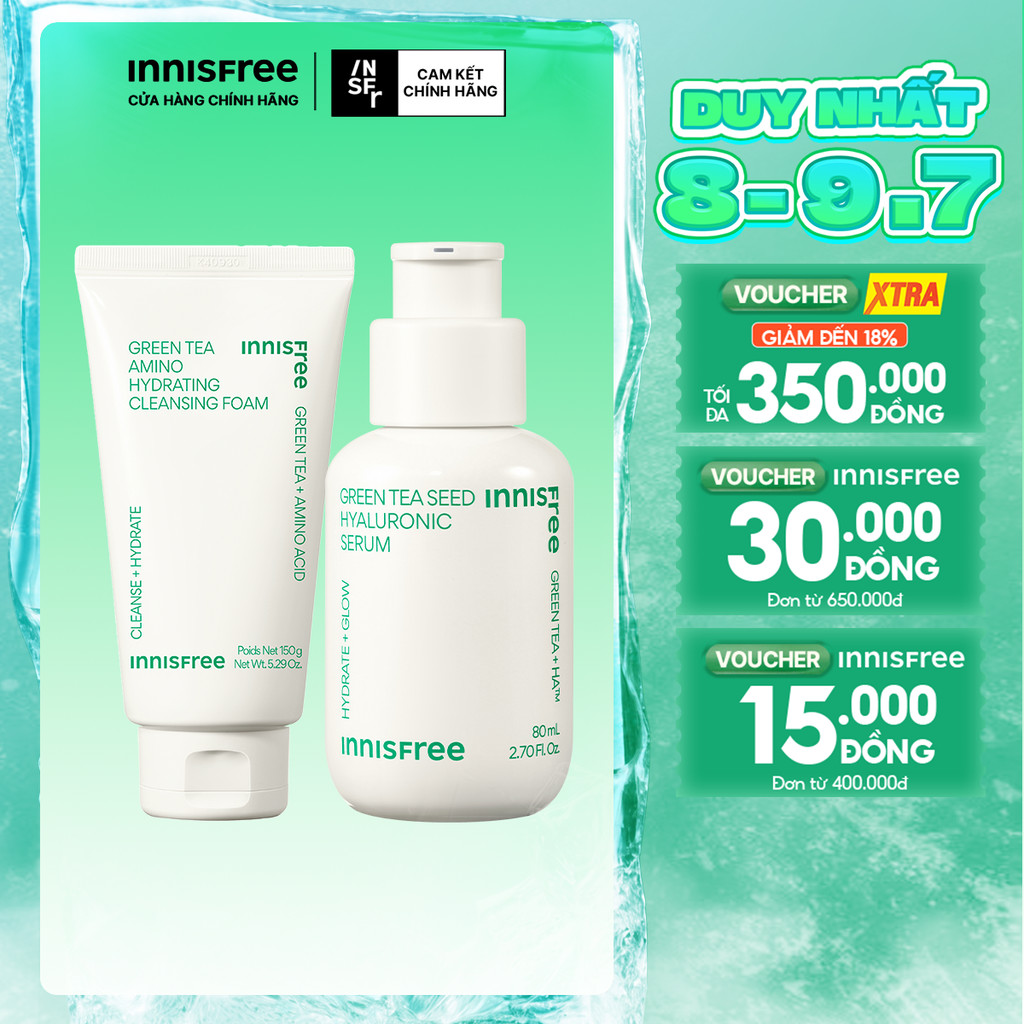 Bộ đôi làm sạch & cấp ẩm Sữa rửa mặt INNISFREE GreenTea Amino Cleansing Foam 150g & Green Tea Seed Hyaluronic Serum 80mL