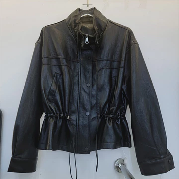 Mùa Thu 2026 Phong Cách Mới Dây Rút pu Áo Khoác Da Nữ Thiết Kế Ve Áo Retro Kết Cấu Cao Cấp Áo Khoác Áo Khoác