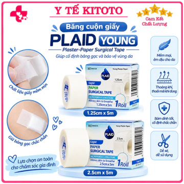 Băng cuộn giấy Plaid Young (1.25cmx5m), (2.5cmx5m) giúp cố định băng gạc và dụng cụ y tế Young Chemical Y TẾ KITOTO