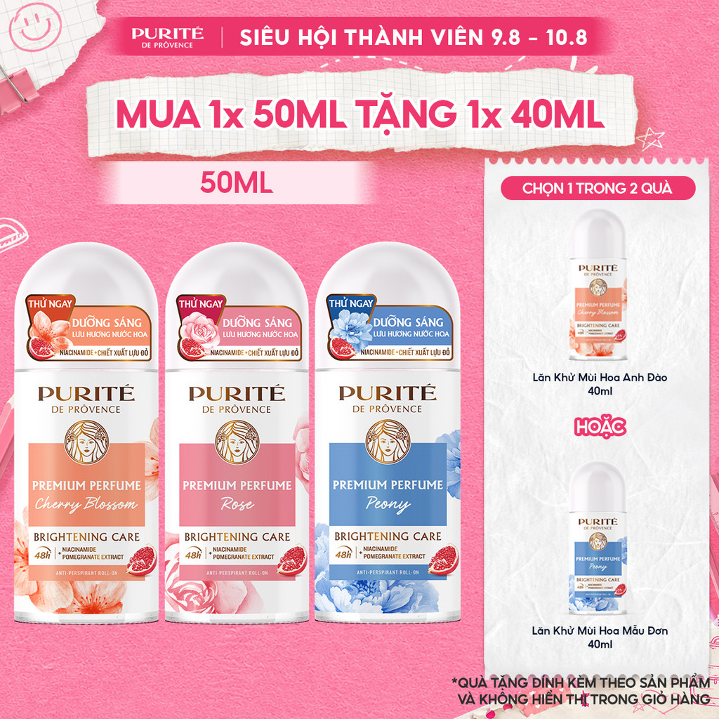 Lăn Khử Mùi Dưỡng Sáng Hương Nước Hoa Cao Cấp Purité 50ML Tặng  Lăn Khử Mùi Dưỡng Sáng 40ML