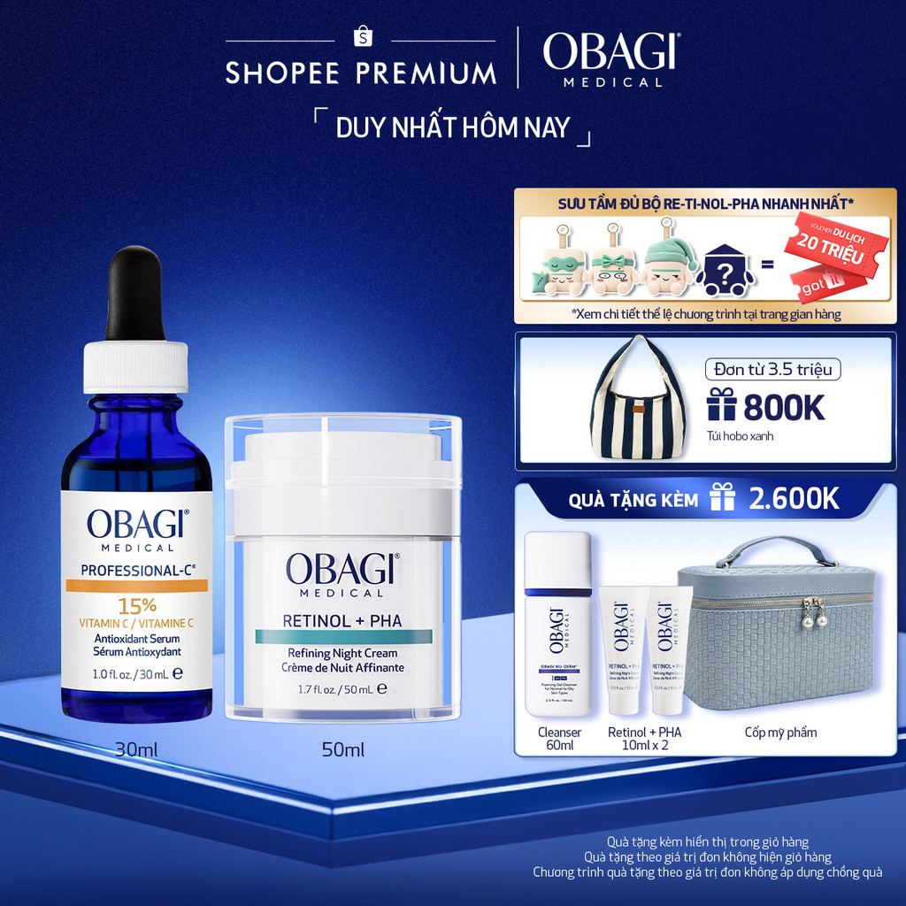 Bộ đôi Kem Dưỡng Đêm Obagi Retinol + PHA 50ml & Serum Vitamin C 15% Obagi Professional-C 30ml