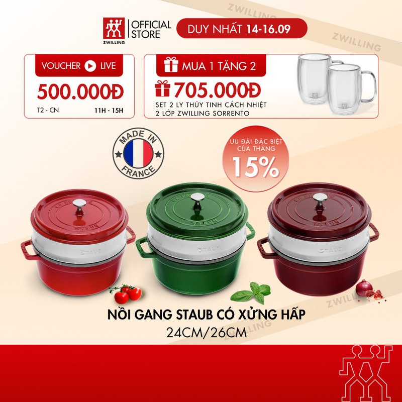 Nồi gang tráng men STAUB La Cocotte (màu đỏ Cherry, xanh Basil) kèm xửng hấp 24/26cm - sản xuất tại Pháp
