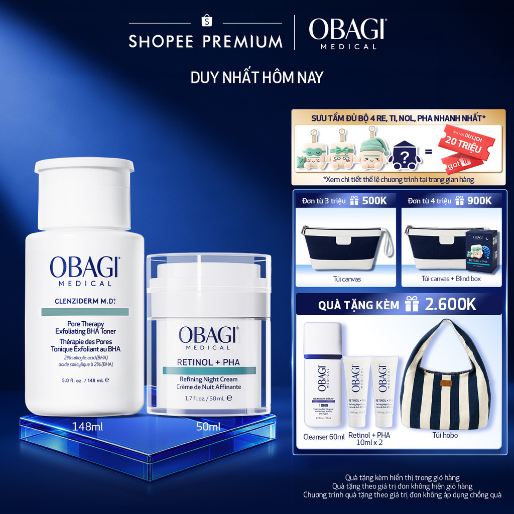 [Voucher SVIP 18%] Bộ đôi Kem Dưỡng Đêm Obagi Retinol + PHA 50ml và Toner Obagi Clenziderm M.D. Exfoliating 2% BHA 148ml